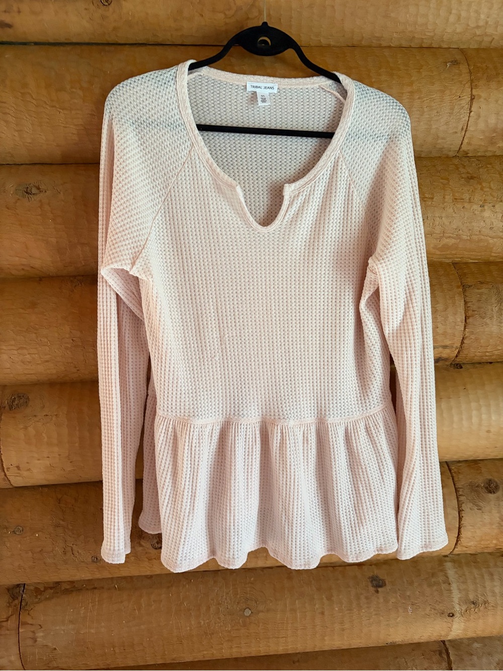 Tribal Pale Pink Waffle Peplum Long-Sleeve Top